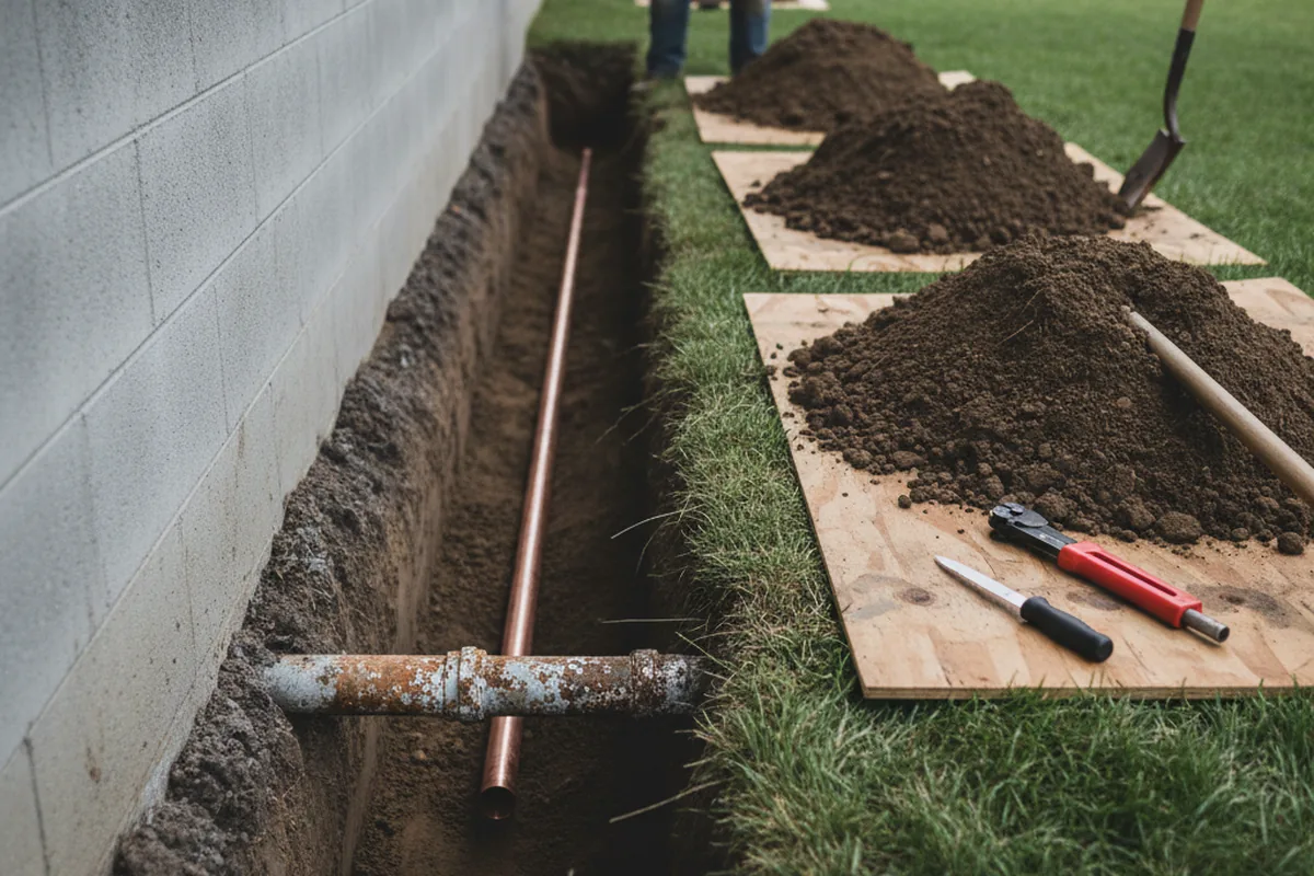 Excavated water line trench during Water Heater Repair in Reklaw